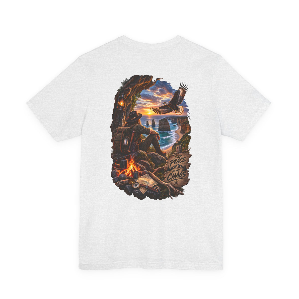 Coastal Campfire Adventure T-Shirt — Sunset, Eagle & Seaside Explorer Tee