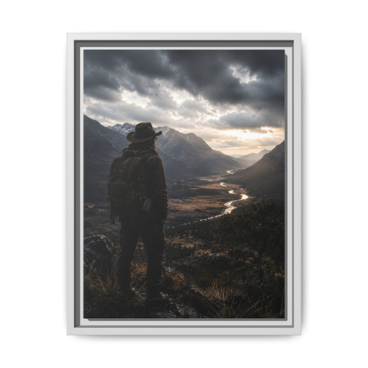 Wanderer in the Valley Matte Framed Canvas – Adventure Landscape Wall Art