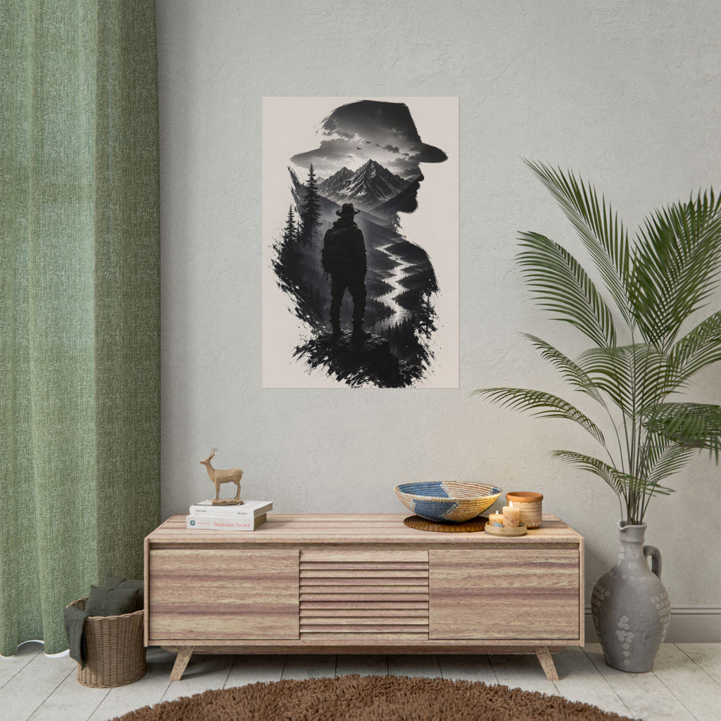 Adventure Silhouette Poster — Hiker, Mountains & River Rolled Wall Art