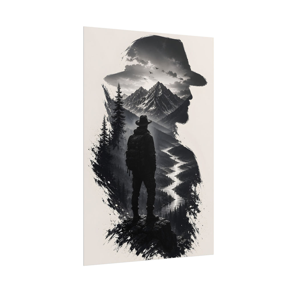 Adventure Silhouette Poster — Hiker, Mountains & River Rolled Wall Art