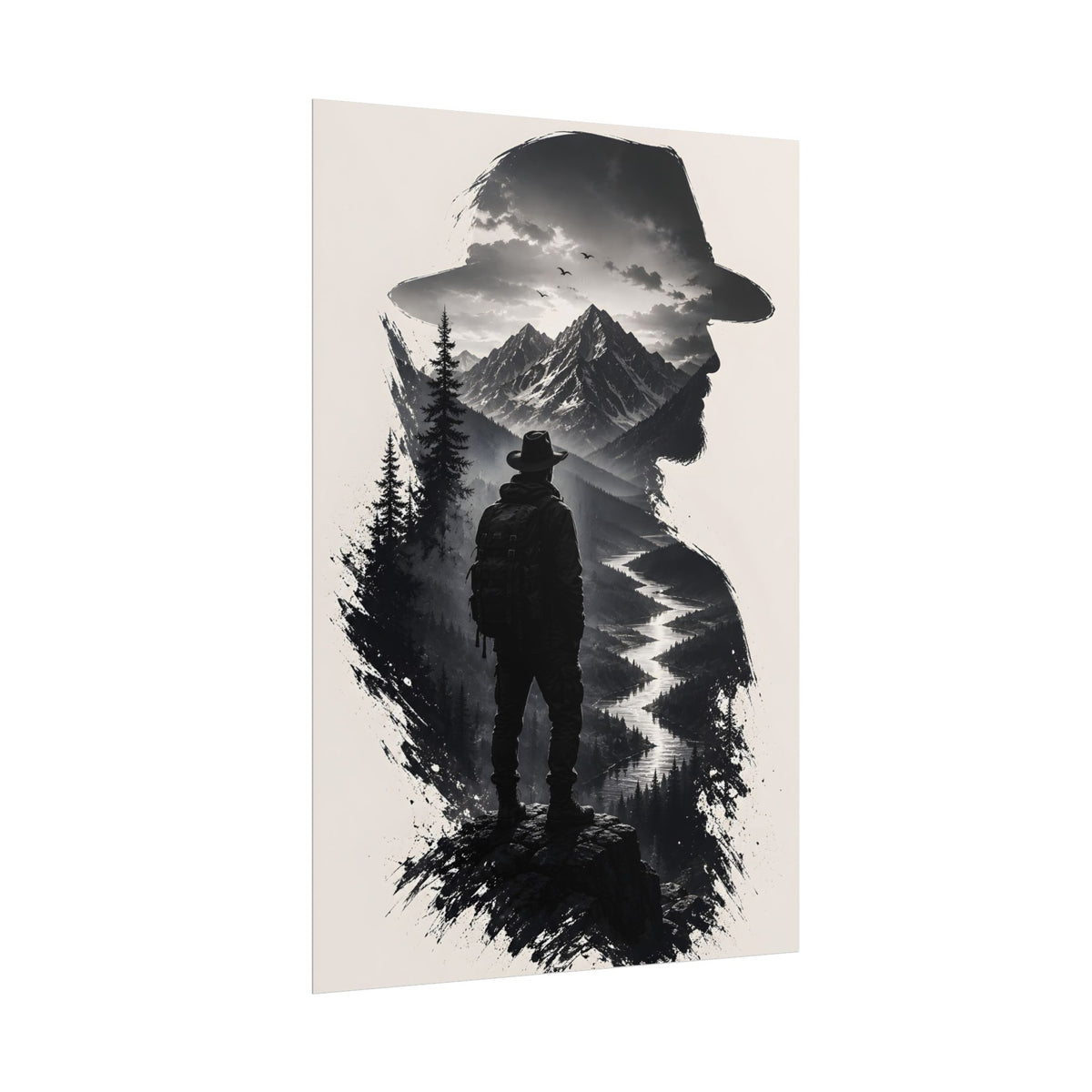 Adventure Silhouette Poster — Hiker, Mountains & River Rolled Wall Art
