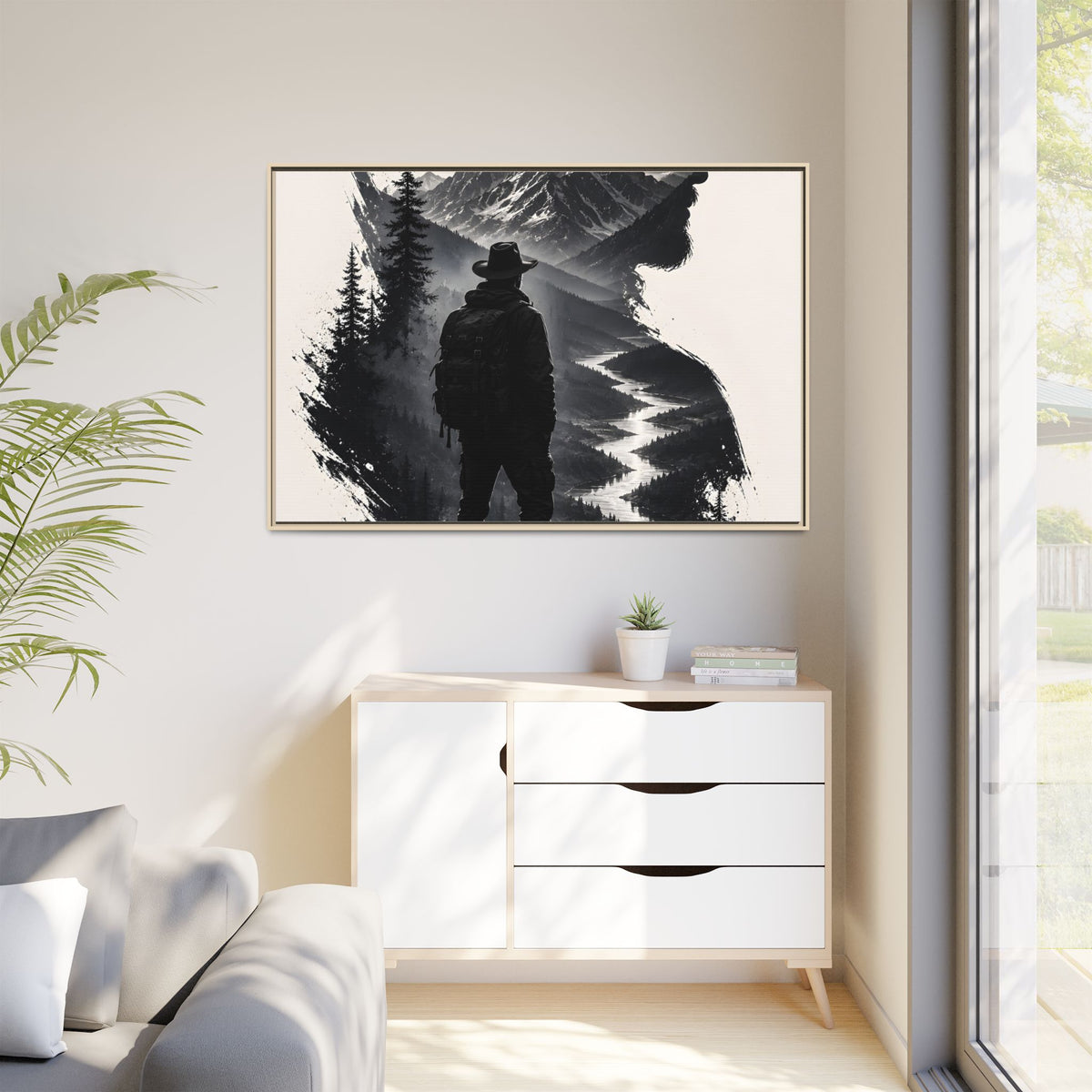 Adventure Silhouette Matte Canvas Framed Print — Mountain Hiker Double Exposure Wall Art