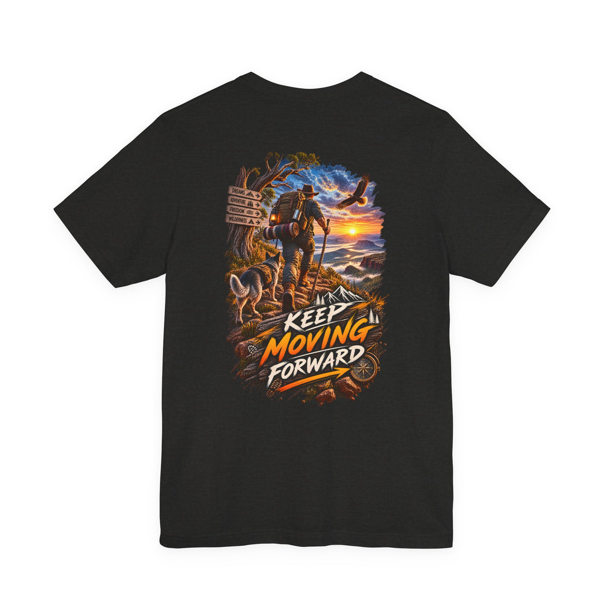Keep Moving Forward T-Shirt — Motivational Hiker Sunset Graphic Tee