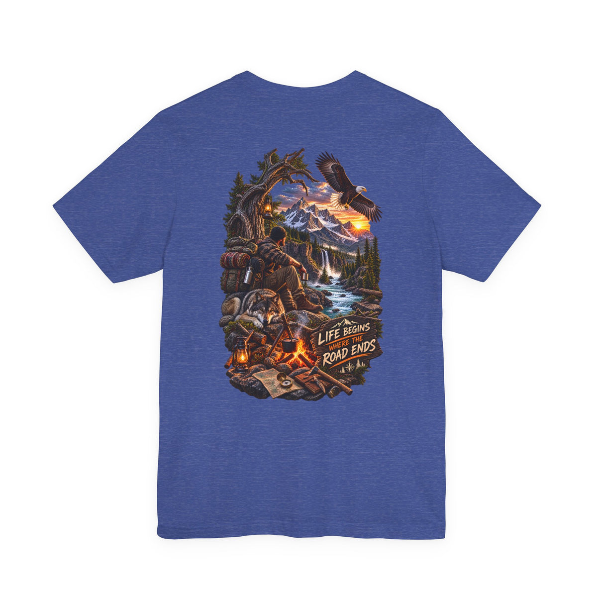 Adventure Campfire Tee — Life Begins Where the Road Ends Graphic T-Shirt