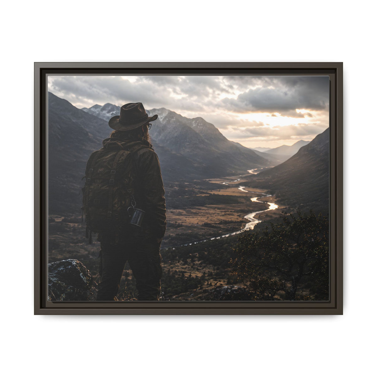 Wanderer in the Valley Matte Framed Canvas – Adventure Landscape Wall Art