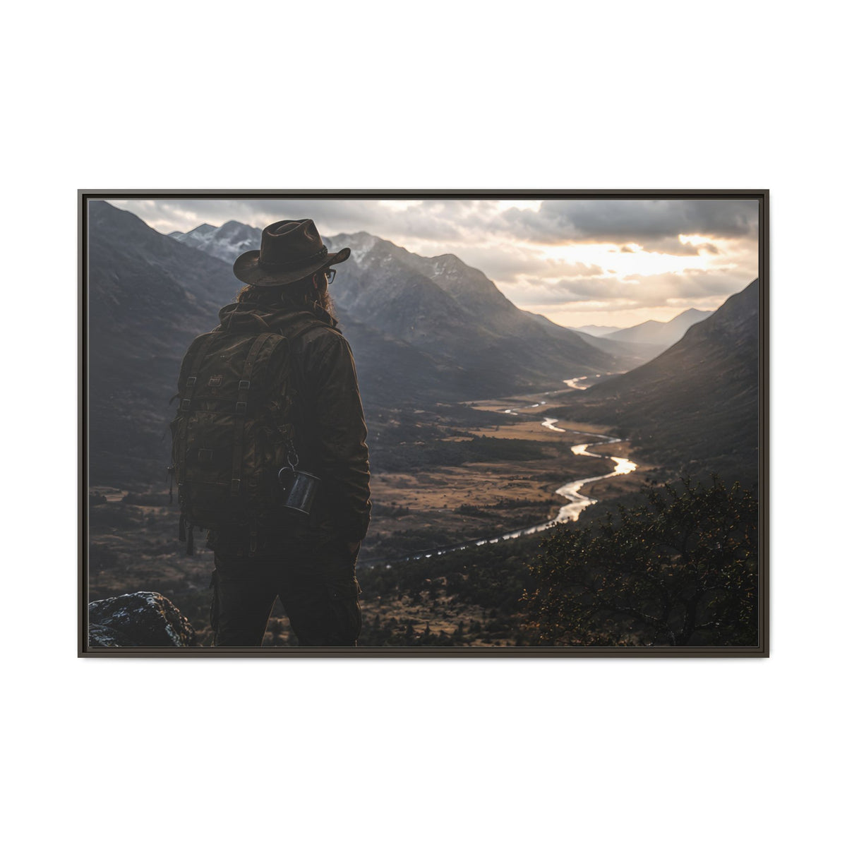 Wanderer in the Valley Matte Framed Canvas – Adventure Landscape Wall Art