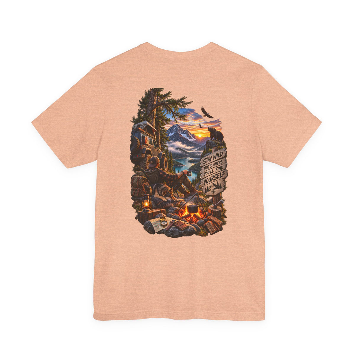 Camping Scene Backprint Tee — 'Stay Wild' Mountain Campfire Graphic T‑Shirt