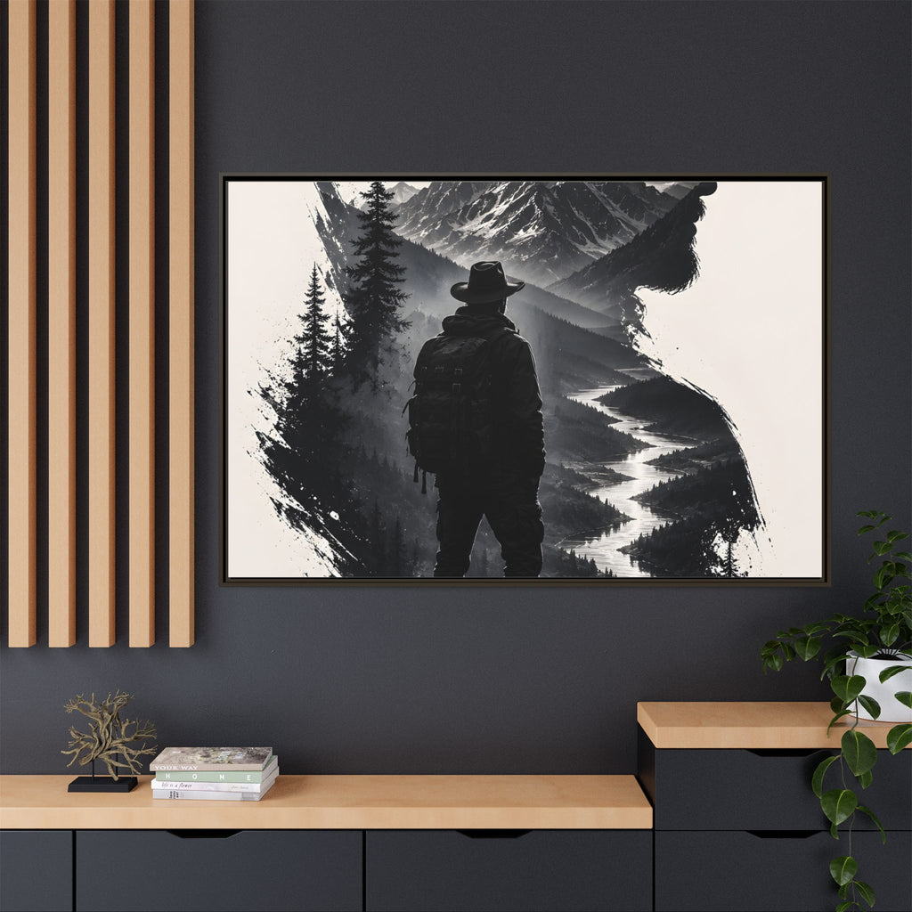 Adventure Silhouette Matte Canvas Framed Print — Mountain Hiker Double Exposure Wall Art