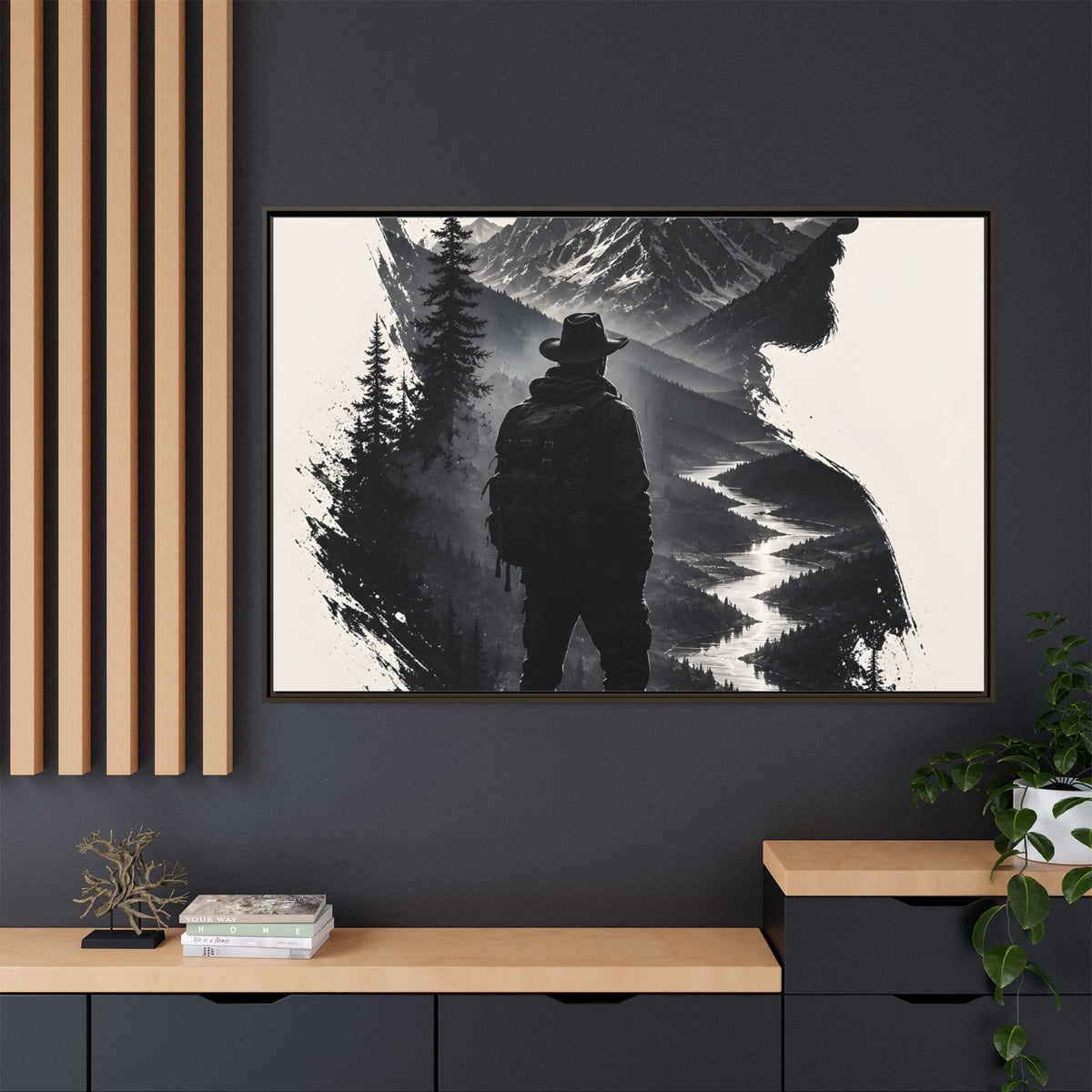 Adventure Silhouette Matte Canvas Framed Print — Mountain Hiker Double Exposure Wall Art