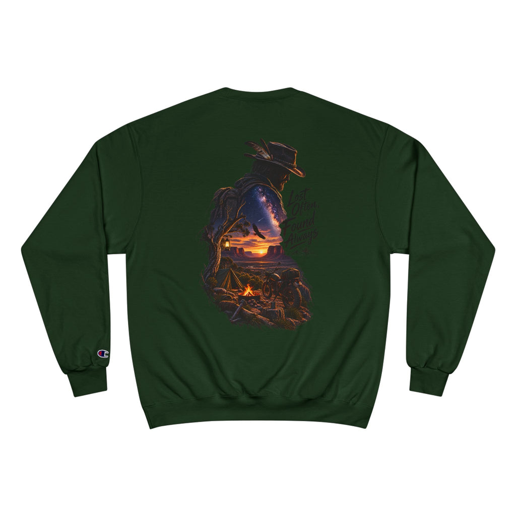 Adventure Champion Sweatshirt — 'Lost Often, Found Always' Mountain Graphic Crewneck