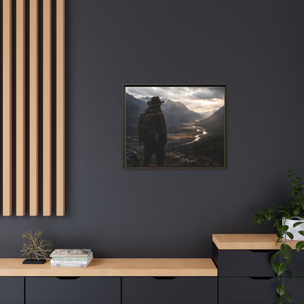 Wanderer in the Valley Matte Framed Canvas – Adventure Landscape Wall Art