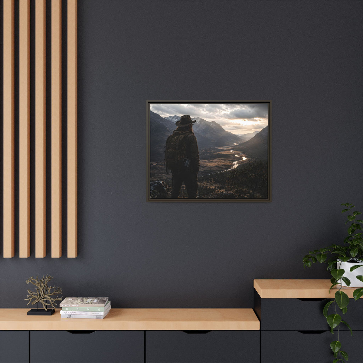 Wanderer in the Valley Matte Framed Canvas – Adventure Landscape Wall Art