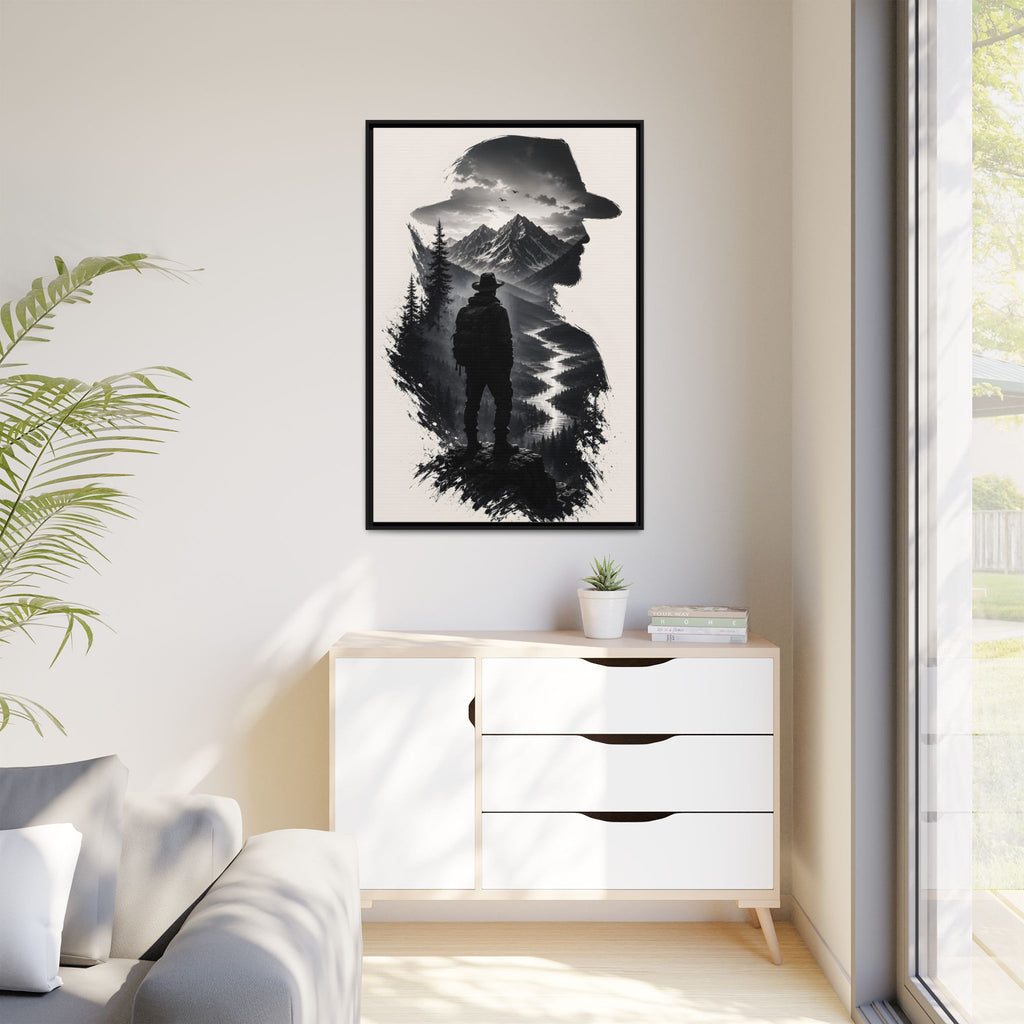 Adventure Silhouette Matte Canvas Framed Print — Mountain Hiker Double Exposure Wall Art