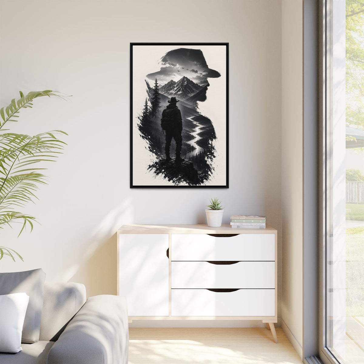 Adventure Silhouette Matte Canvas Framed Print — Mountain Hiker Double Exposure Wall Art