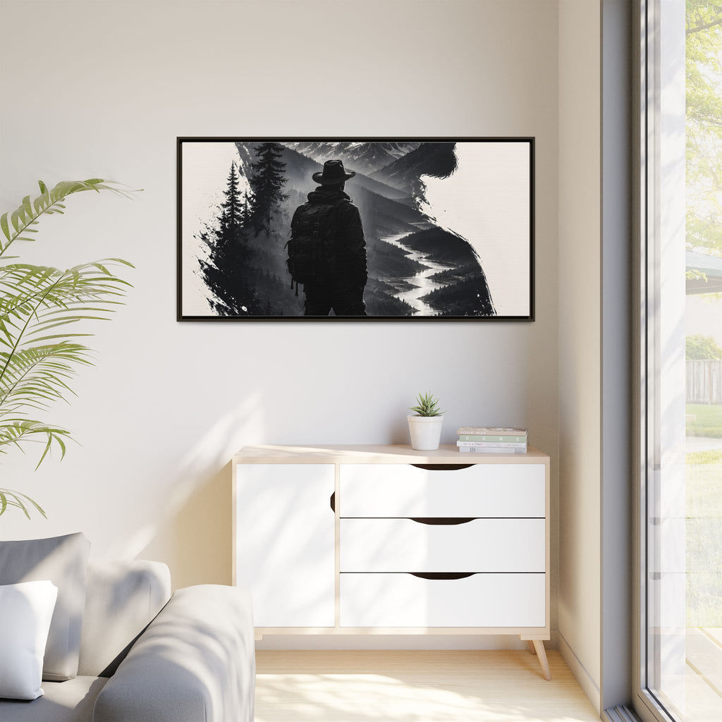 Adventure Silhouette Matte Canvas Framed Print — Mountain Hiker Double Exposure Wall Art