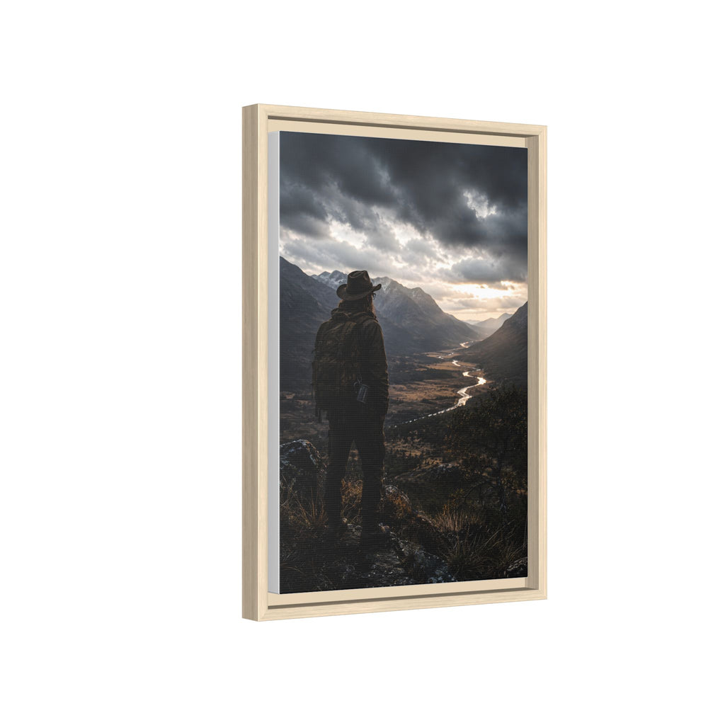 Wanderer in the Valley Matte Framed Canvas – Adventure Landscape Wall Art