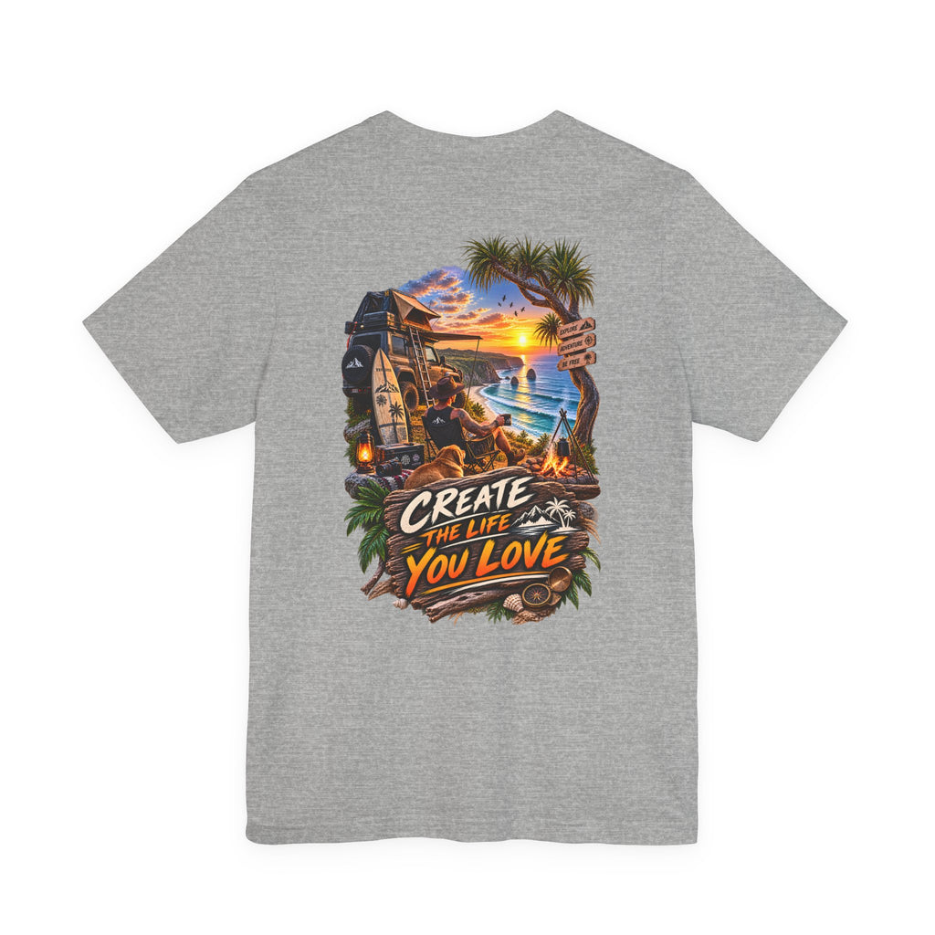 T-shirt « Create the Life You Love » — T-shirt graphique avec coucher de soleil et surf à la plage