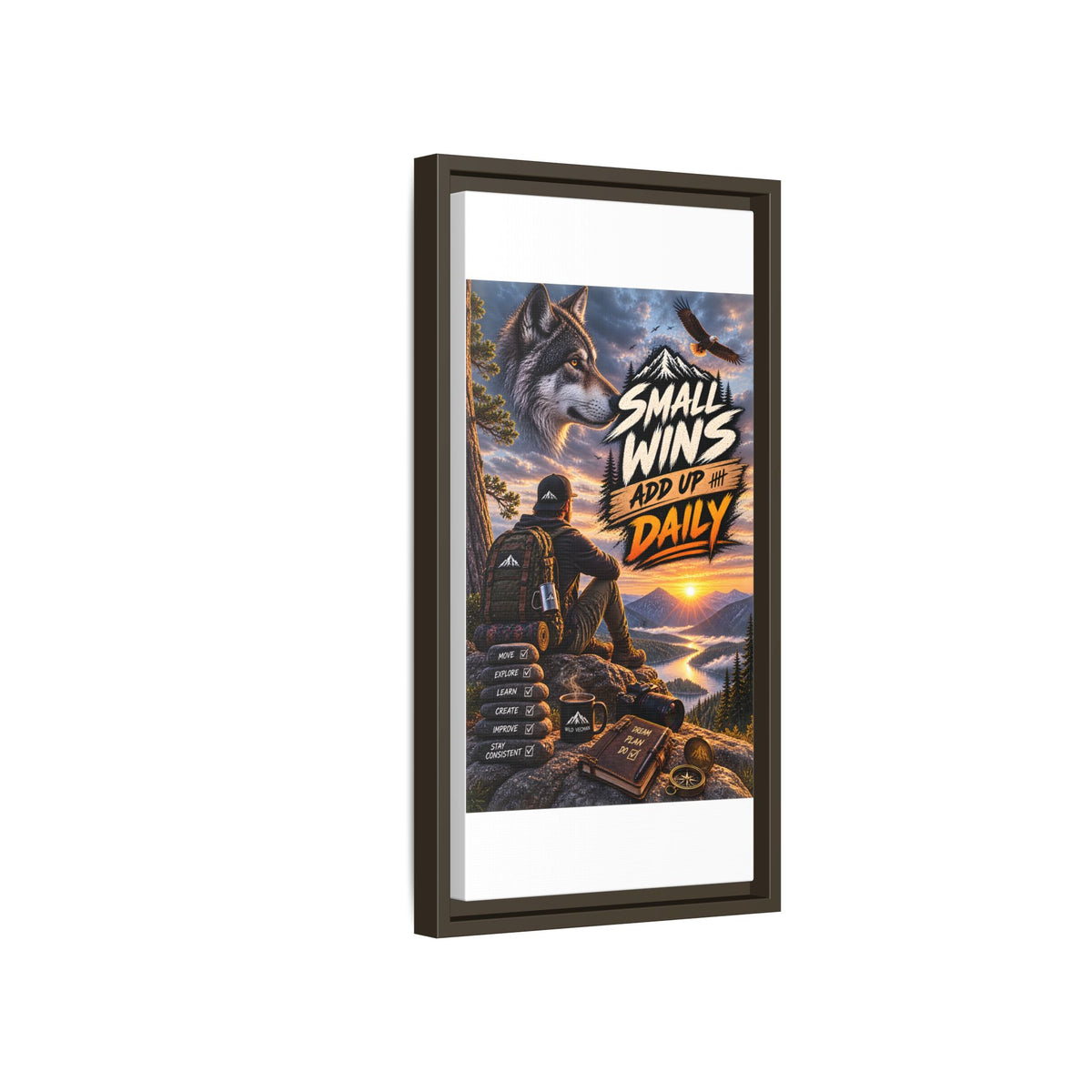 Small Wins Add Up Daily Framed Canvas Wall Art — Motivational Hiking Print