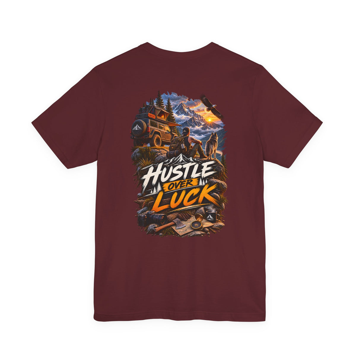 Hustle Over Luck Graphic Tee — Adventure Motivation Mountain T-Shirt