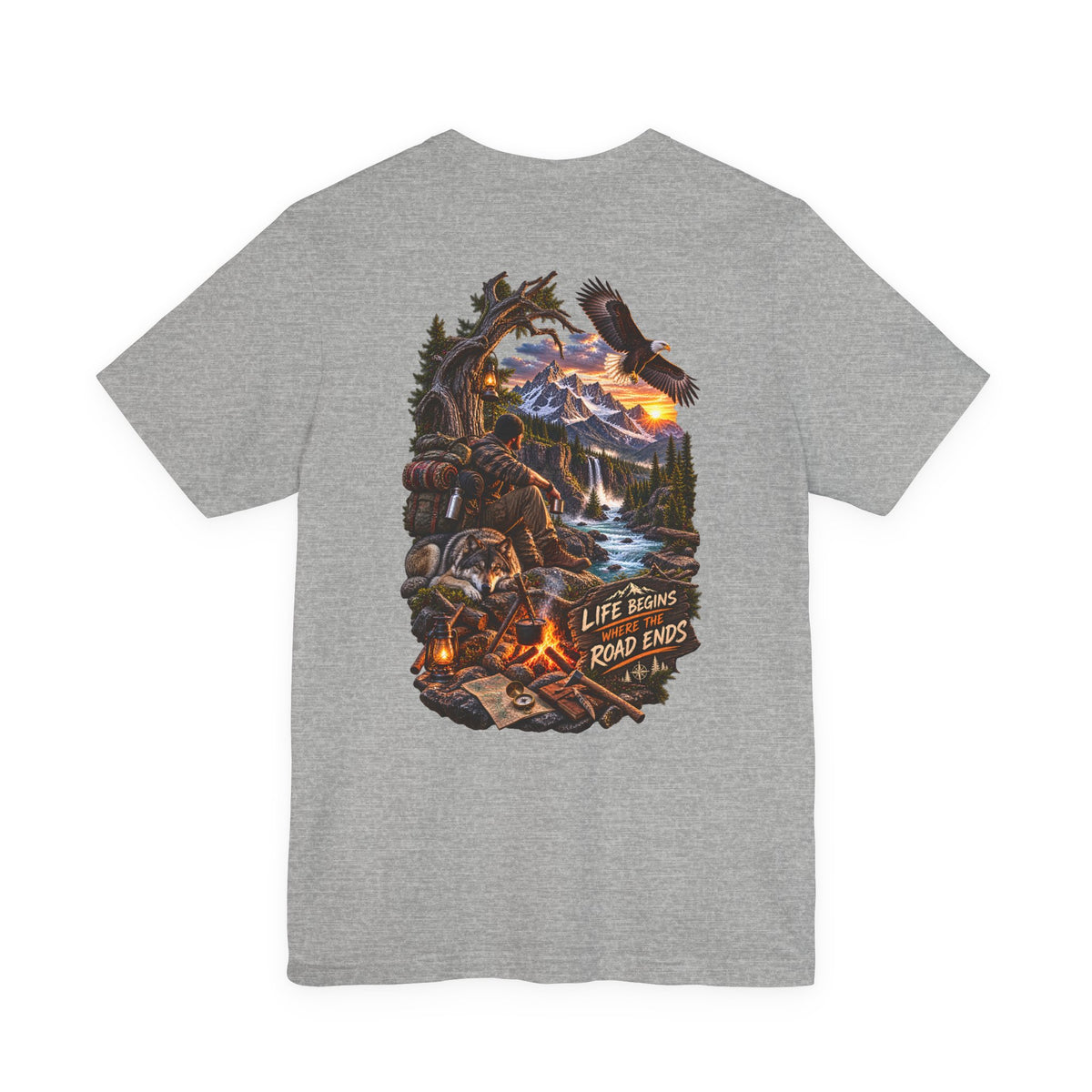 Adventure Campfire Tee — Life Begins Where the Road Ends Graphic T-Shirt