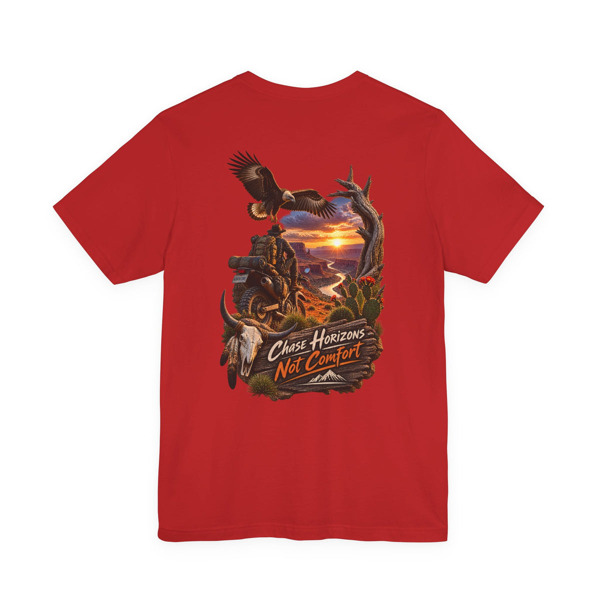 Chase Horizons Not Comfort T-Shirt — Adventure Motorcycle Sunset Graphic Tee