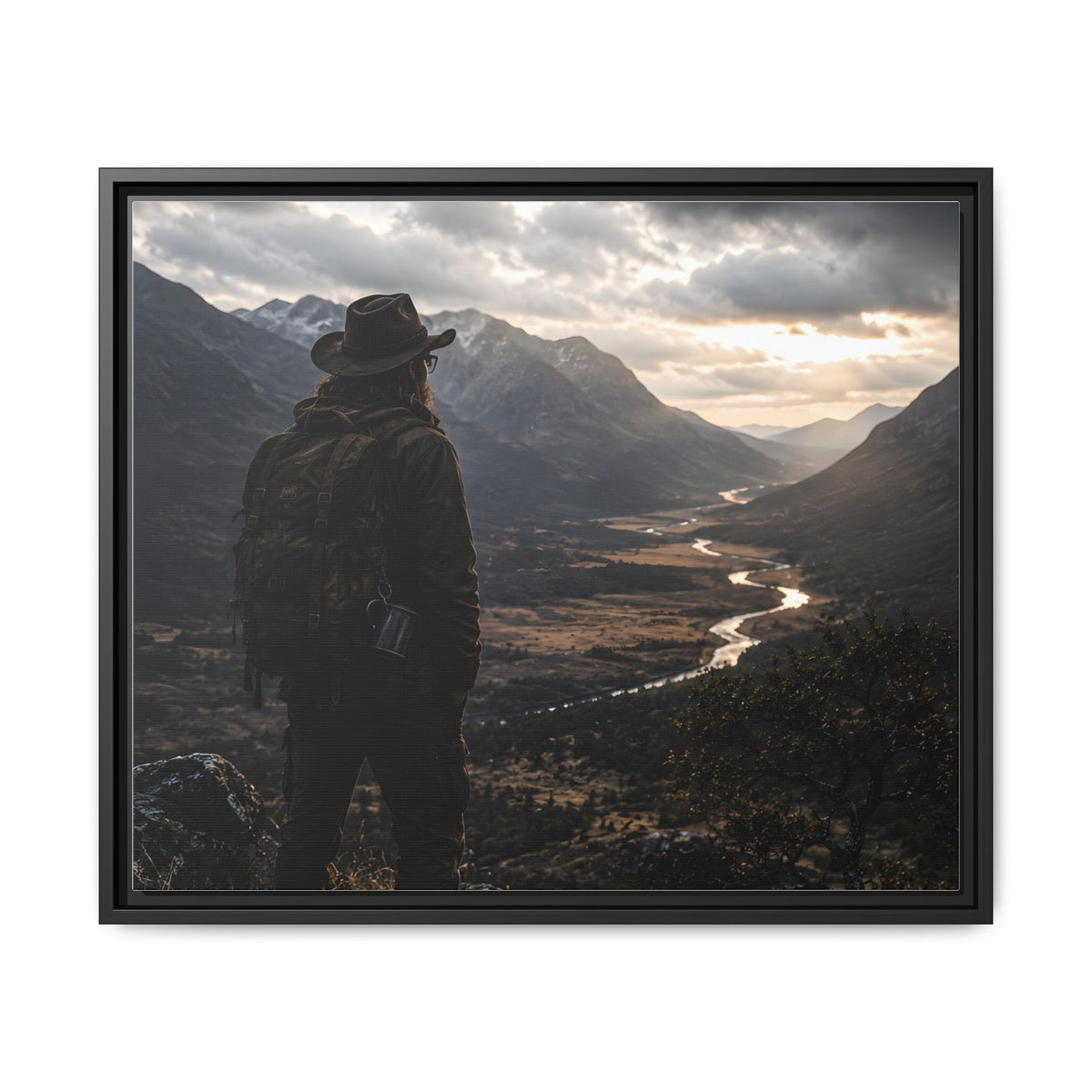 Wanderer in the Valley Matte Framed Canvas – Adventure Landscape Wall Art