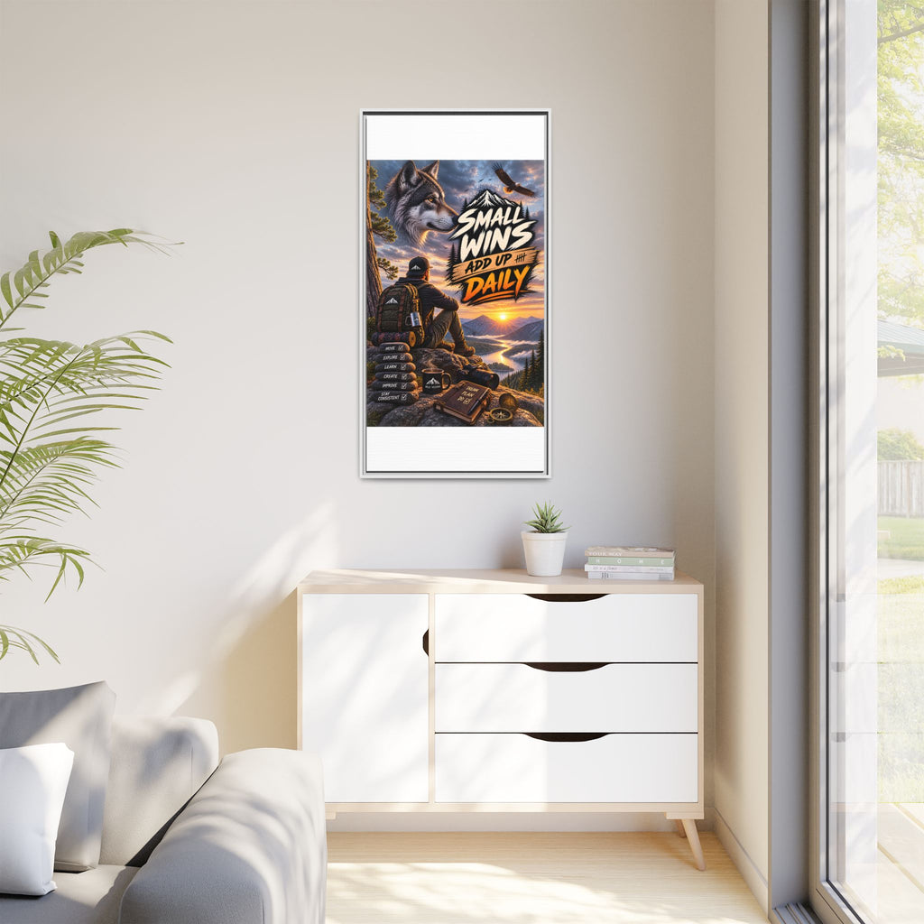 Small Wins Add Up Daily Framed Canvas Wall Art — Motivational Hiking Print