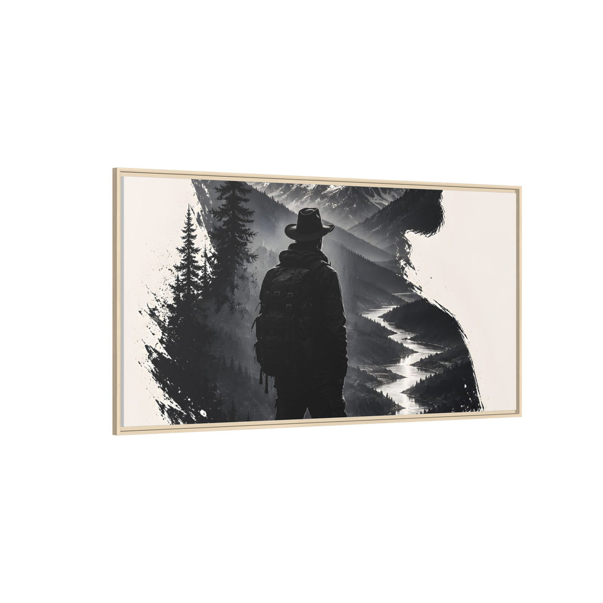 Adventure Silhouette Matte Canvas Framed Print — Mountain Hiker Double Exposure Wall Art