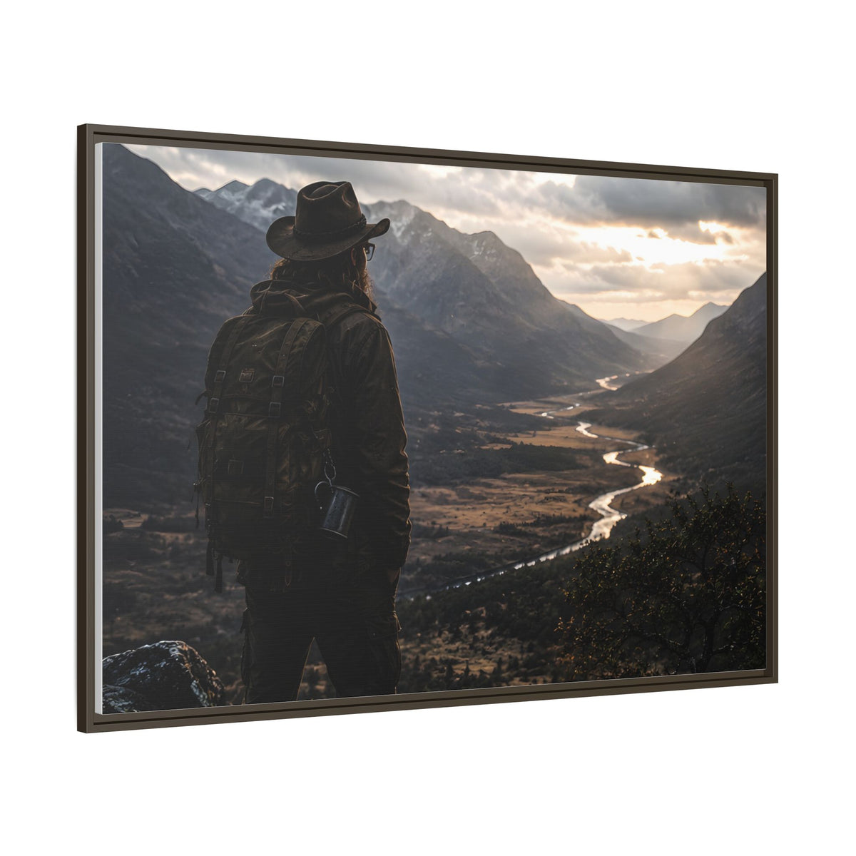Wanderer in the Valley Matte Framed Canvas – Adventure Landscape Wall Art