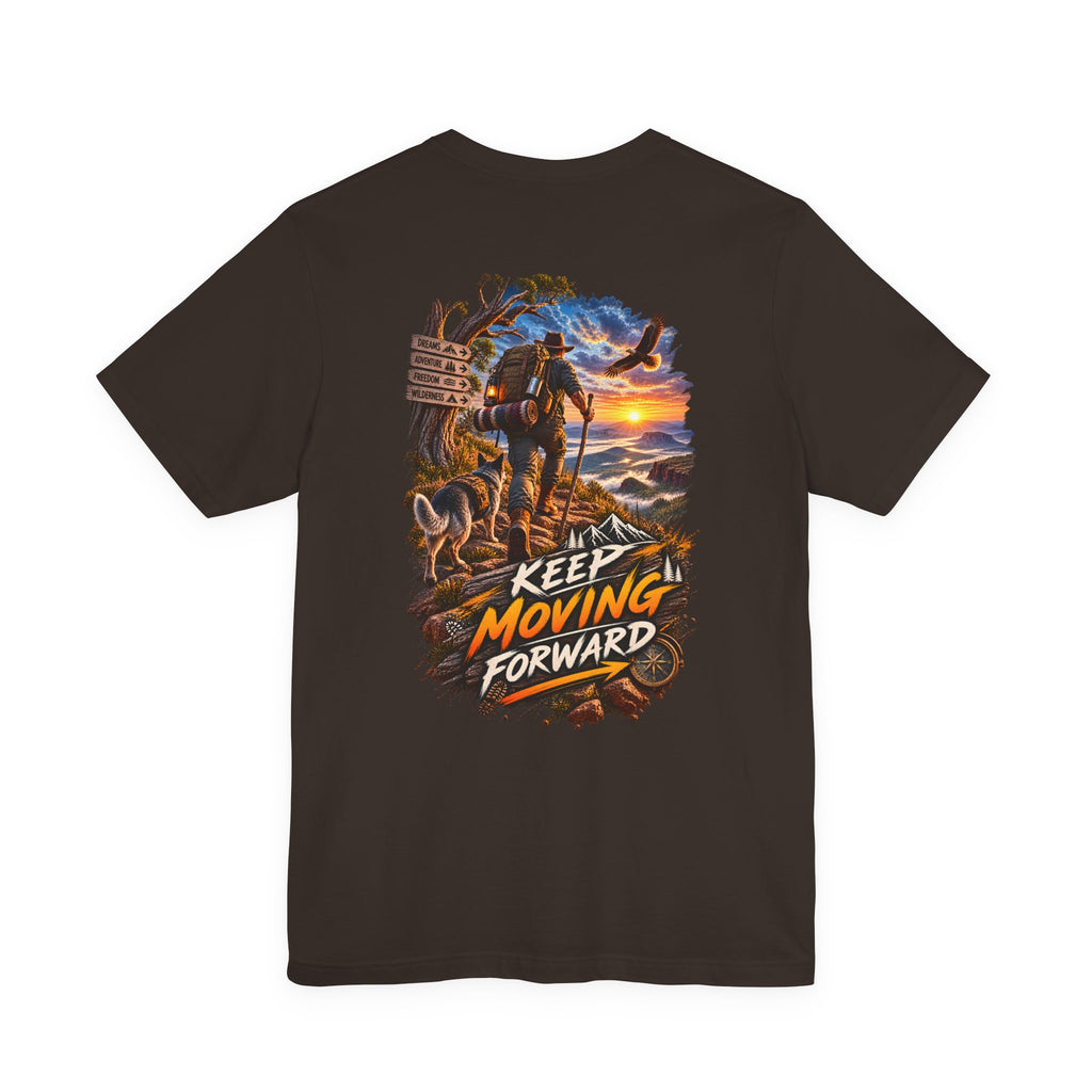 T-shirt Keep Moving Forward — T-shirt graphique à motif coucher de soleil pour randonneurs motivés
