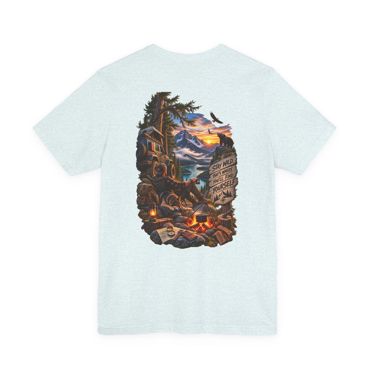 Camping Scene Backprint Tee — 'Stay Wild' Mountain Campfire Graphic T‑Shirt