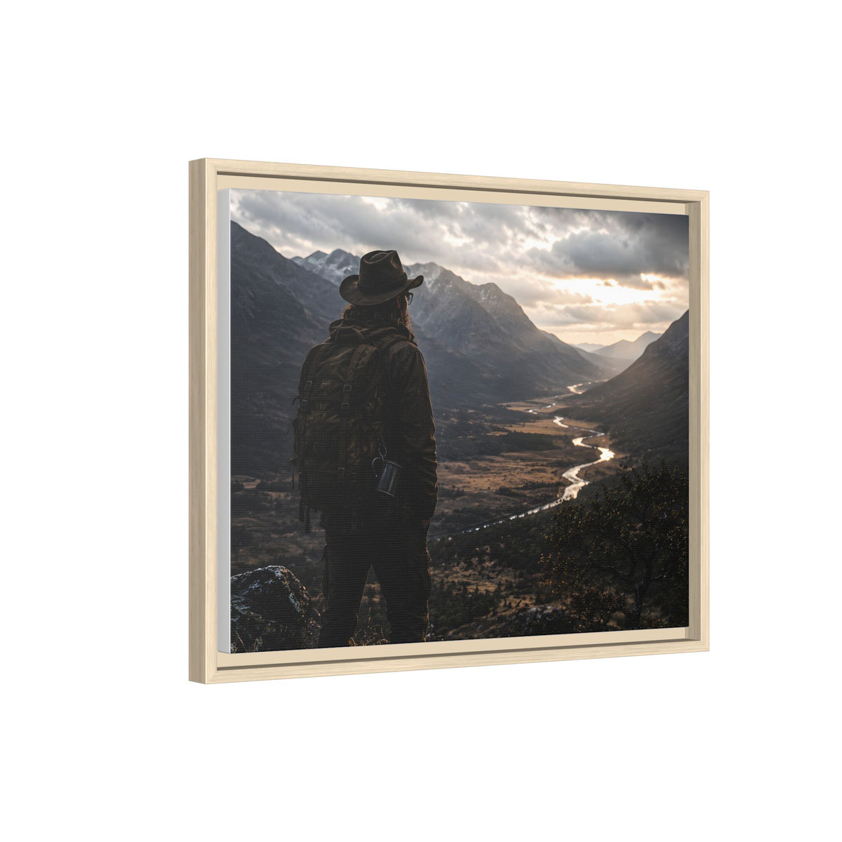 Wanderer in the Valley Matte Framed Canvas – Adventure Landscape Wall Art