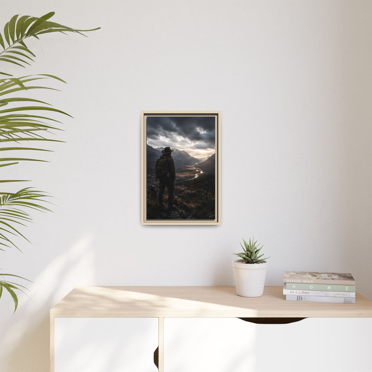 Wanderer in the Valley Matte Framed Canvas – Adventure Landscape Wall Art