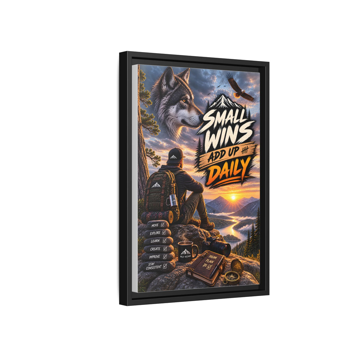 Small Wins Add Up Daily Framed Canvas Wall Art — Motivational Hiking Print