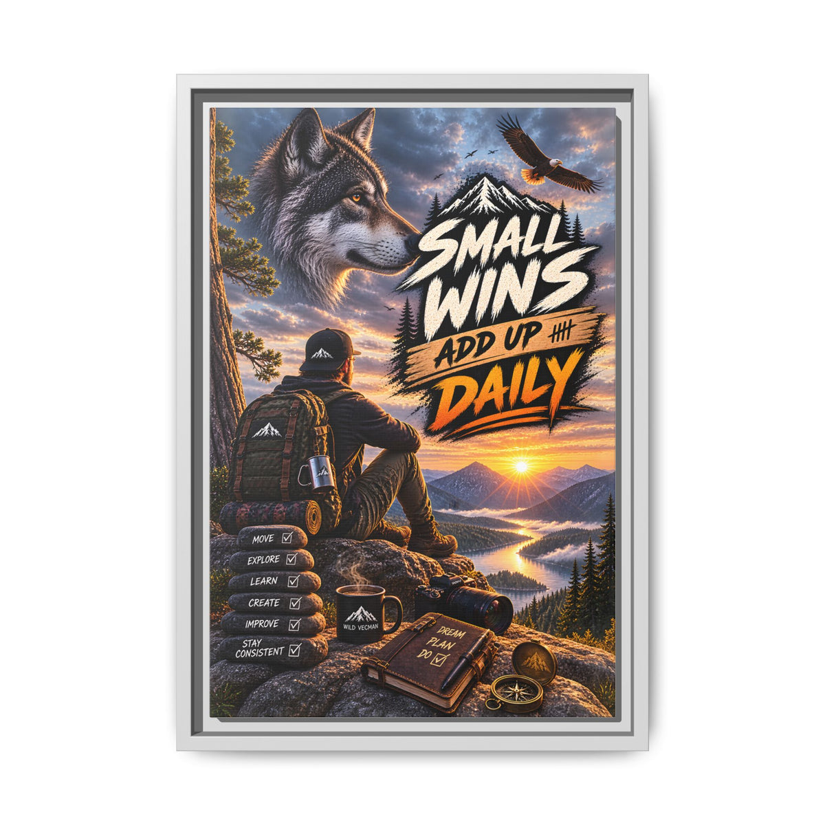 Small Wins Add Up Daily Framed Canvas Wall Art — Motivational Hiking Print