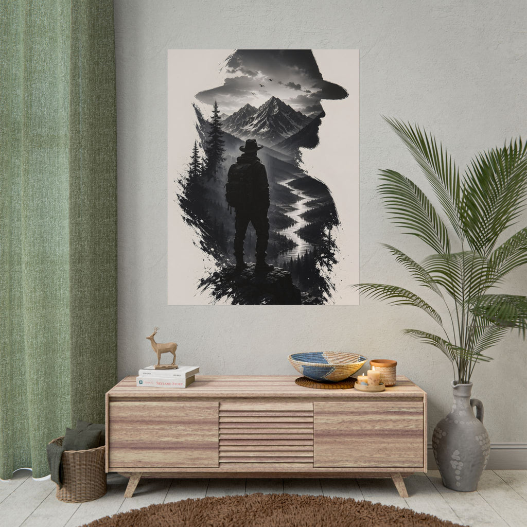 Adventure Silhouette Poster — Hiker, Mountains & River Rolled Wall Art