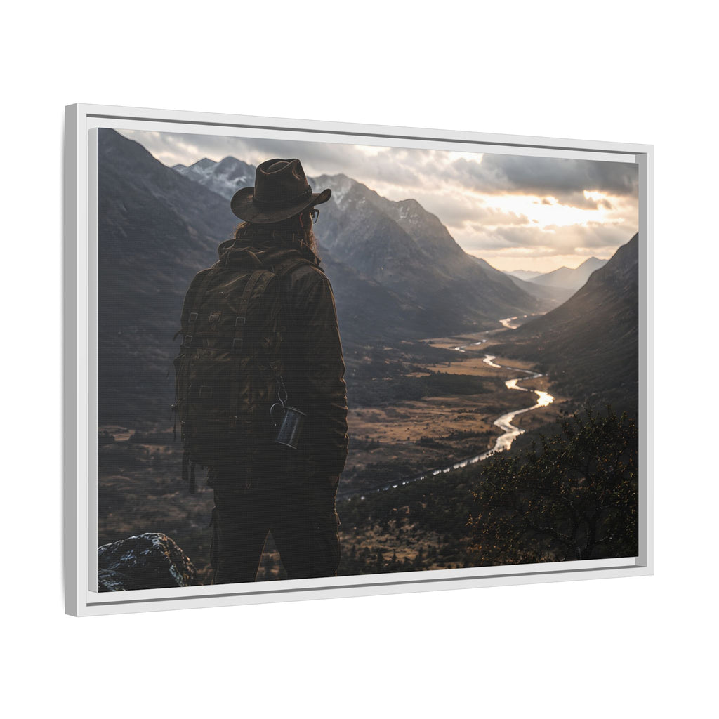 Wanderer in the Valley Matte Framed Canvas – Adventure Landscape Wall Art