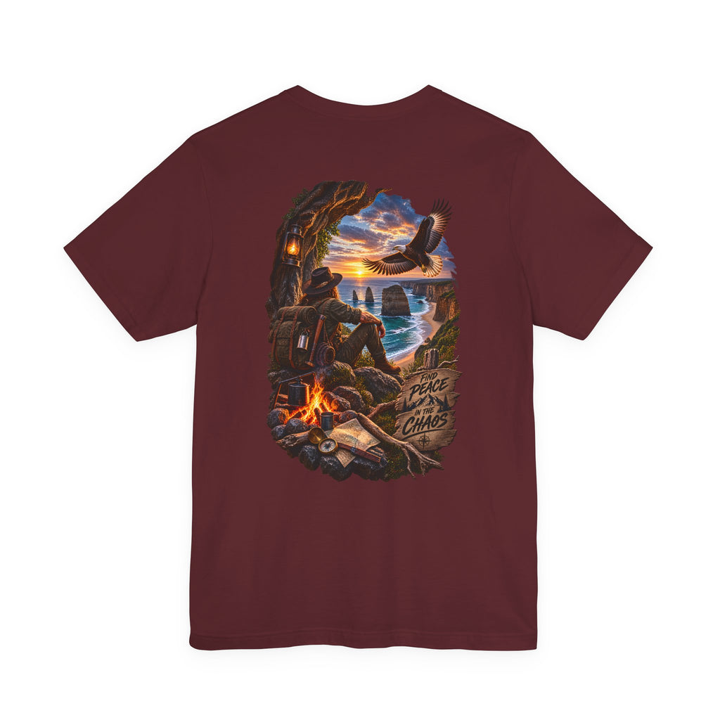 T-shirt Aventure au feu de camp côtier — Tee-shirt Coucher de soleil, Aigle & Explorateur du bord de mer