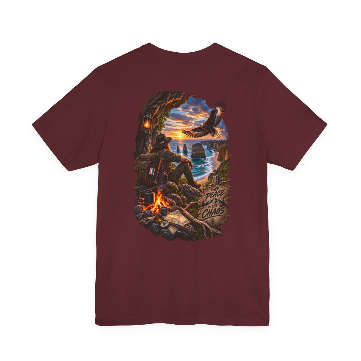Coastal Campfire Adventure T-Shirt — Sunset, Eagle & Seaside Explorer Tee