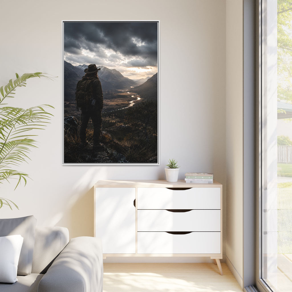 Wanderer in the Valley Matte Framed Canvas – Adventure Landscape Wall Art