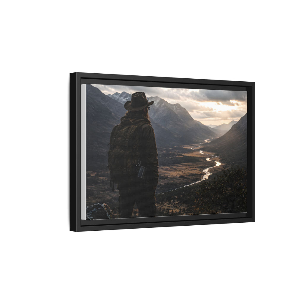 Wanderer in the Valley Matte Framed Canvas – Adventure Landscape Wall Art