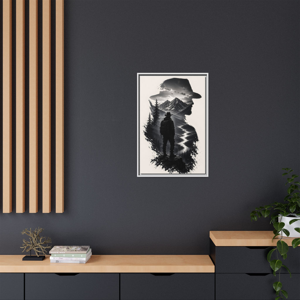 Adventure Silhouette Matte Canvas Framed Print — Mountain Hiker Double Exposure Wall Art