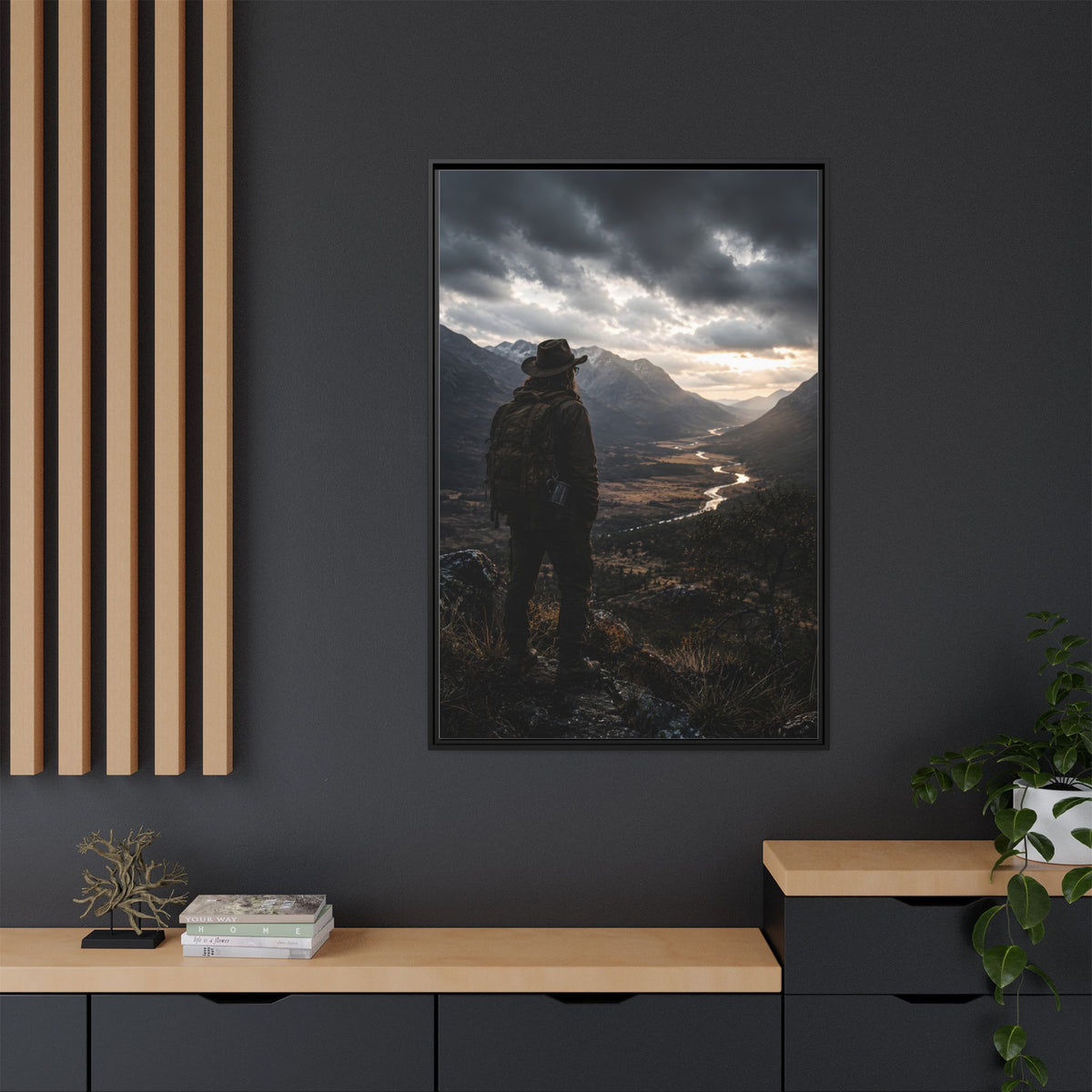 Wanderer in the Valley Matte Framed Canvas – Adventure Landscape Wall Art