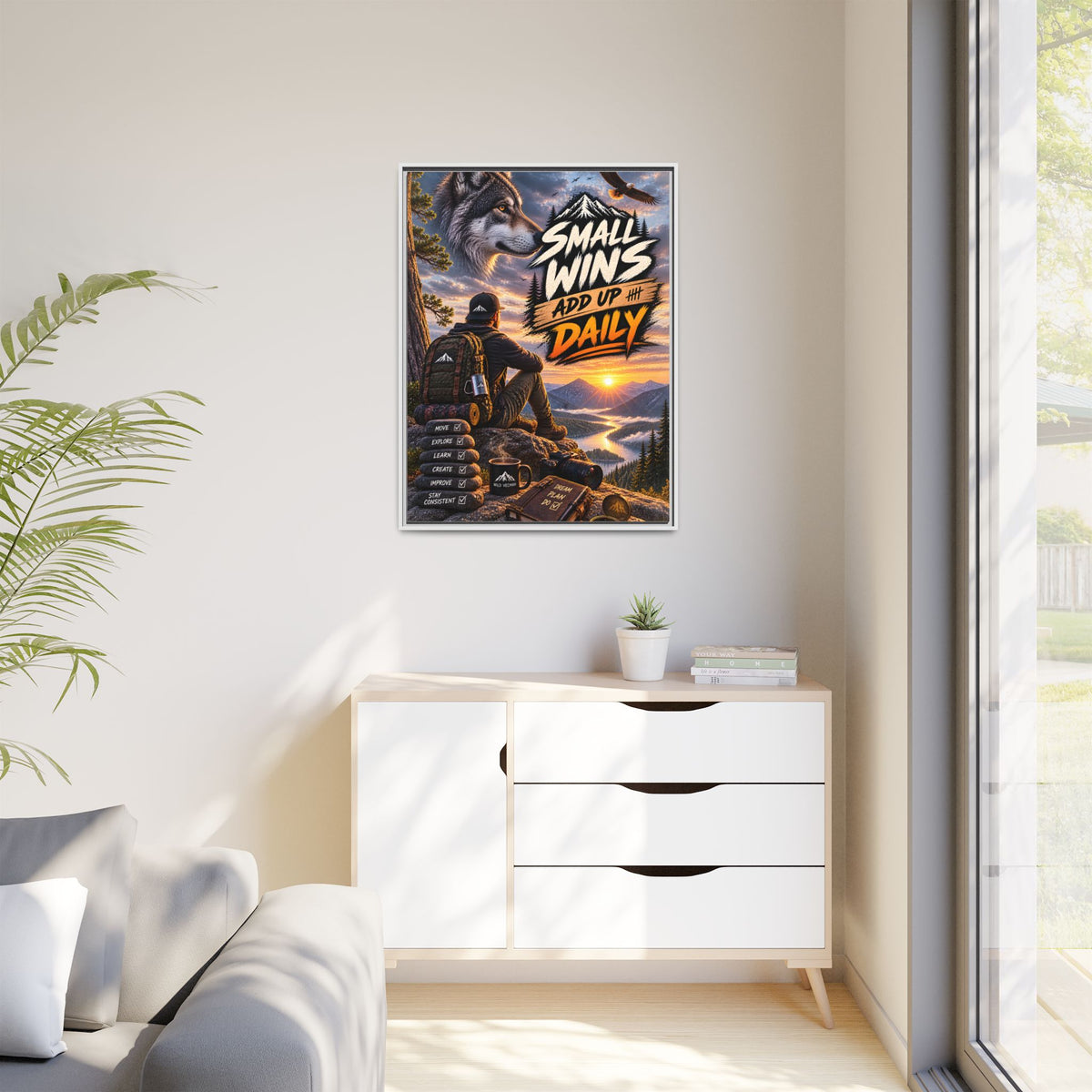 Small Wins Add Up Daily Framed Canvas Wall Art — Motivational Hiking Print