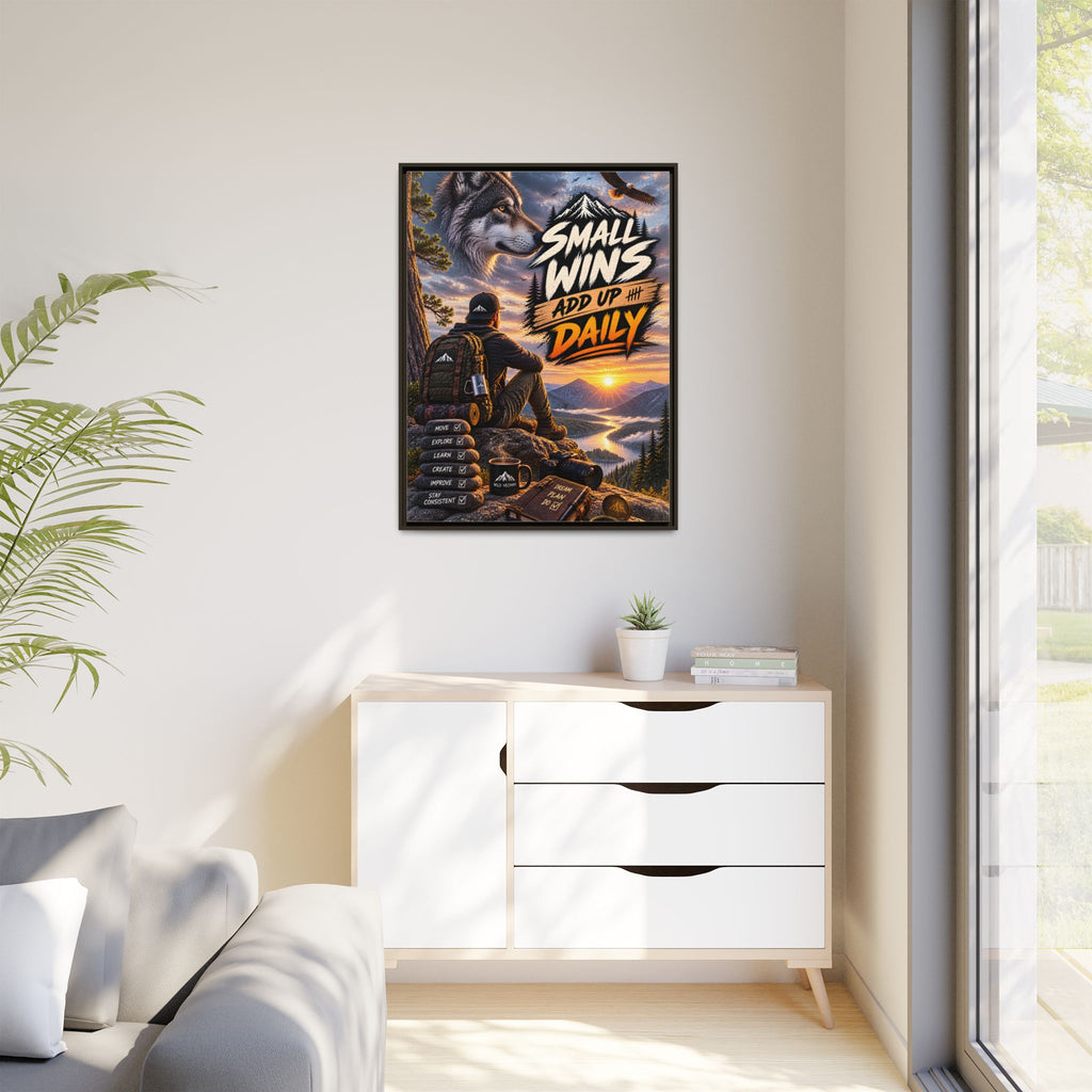 Small Wins Add Up Daily Framed Canvas Wall Art — Motivational Hiking Print