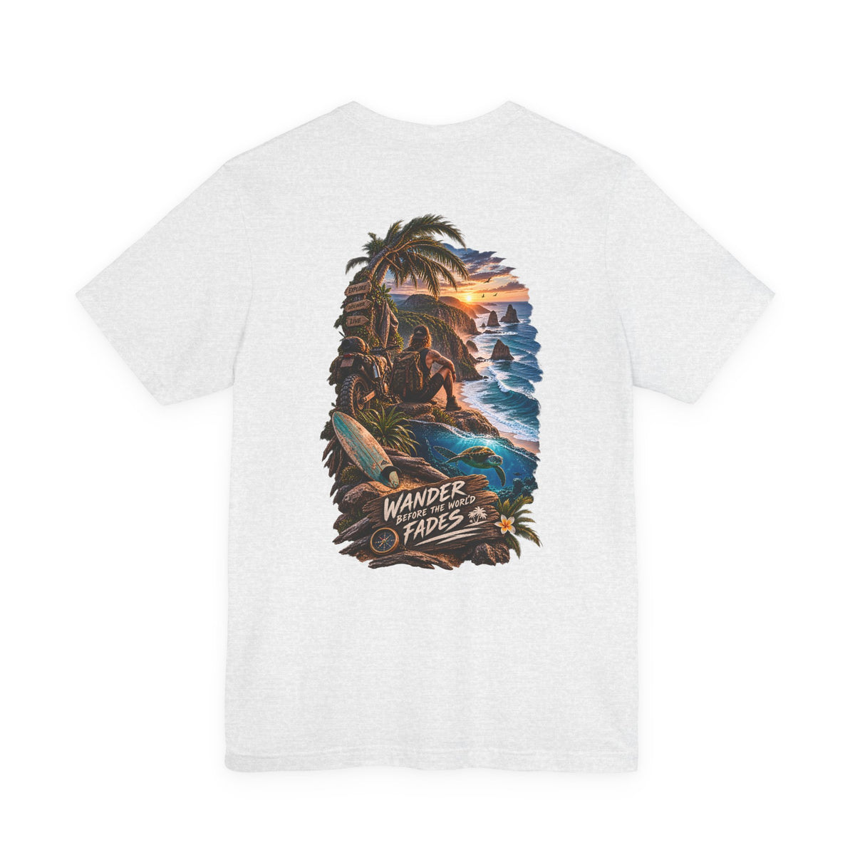 T-Shirt — "Wander Never Fades" Surf Sunset Graphic Tee