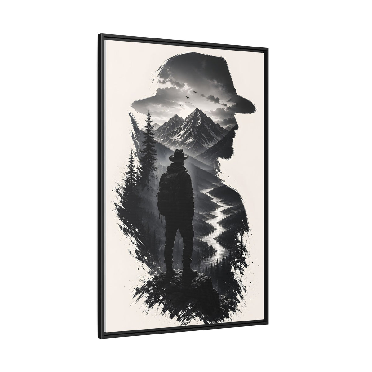 Adventure Silhouette Matte Canvas Framed Print — Mountain Hiker Double Exposure Wall Art