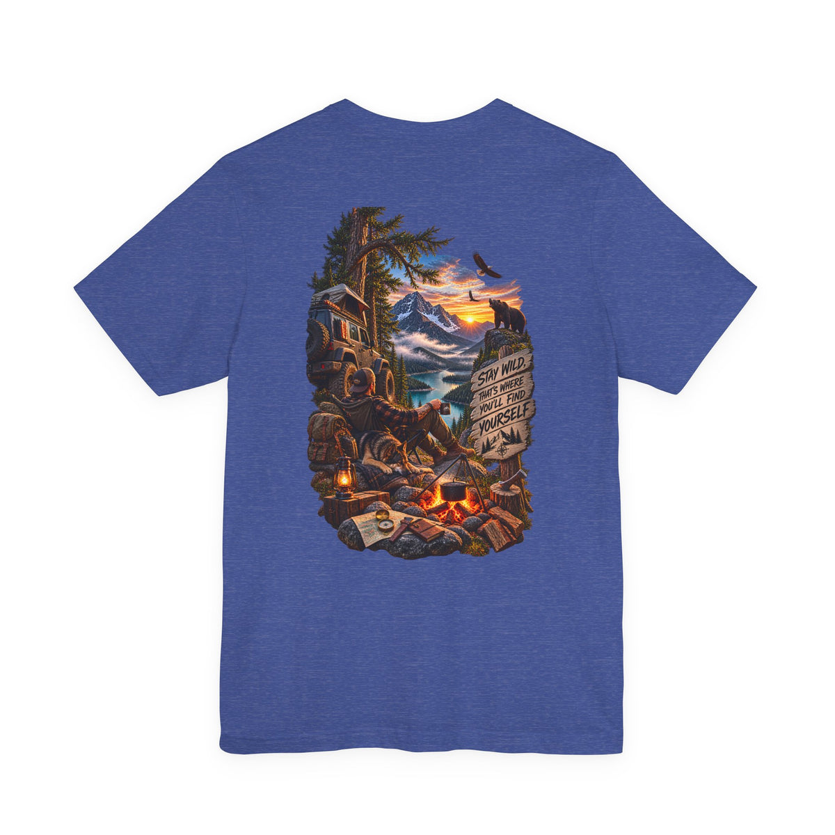 Camping Scene Backprint Tee — 'Stay Wild' Mountain Campfire Graphic T‑Shirt