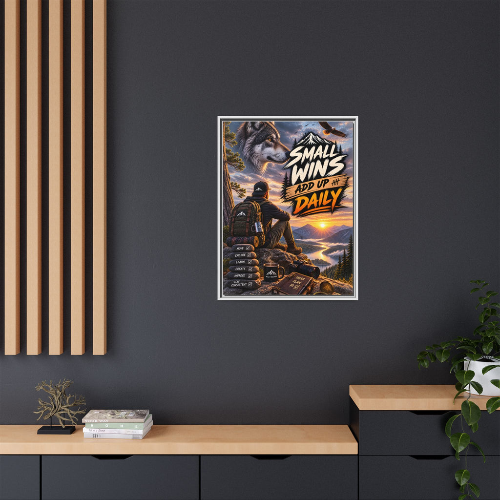 Small Wins Add Up Daily Framed Canvas Wall Art — Motivational Hiking Print