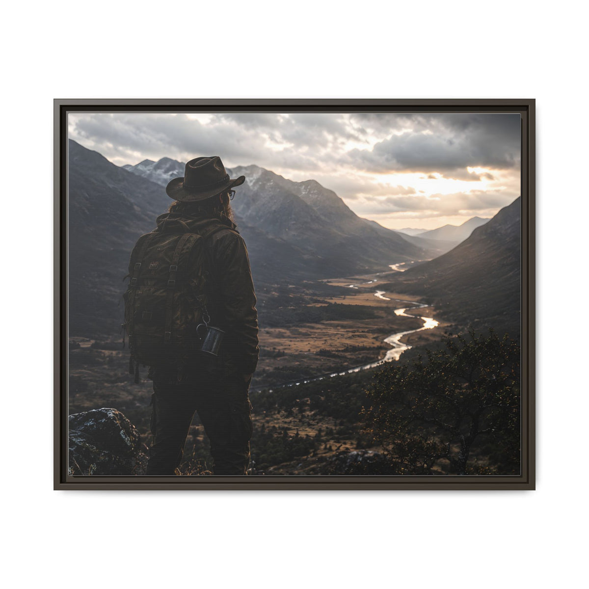 Wanderer in the Valley Matte Framed Canvas – Adventure Landscape Wall Art